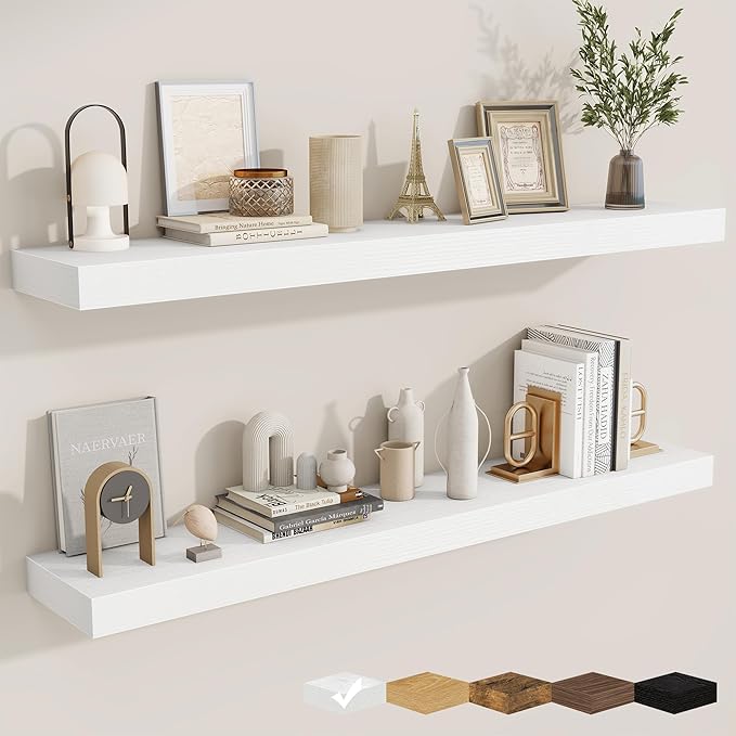 fuqing Floating Shelves for Wall, Wall Mounted Wood Floating Shelf with Invisible Brackets for Living Room, Bathroom, Bedroom, Kitchen Storage and Decor, 48 Inch Set of 2, White