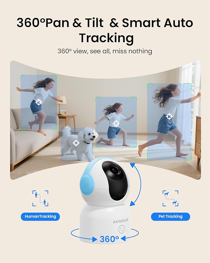4K Indoor Security Camera with 64GB Memory Card, 5GHz/2.4GHz WiFi Camera, 360° Pan/Tilt IP Camera, Auto Tracking, AI Human/Face/Pet Detection, Night Vision, 2-Way Audio, One-Touch Call