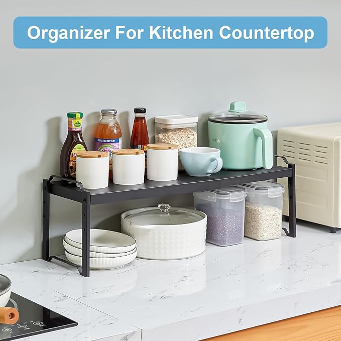 25.5 Inches 2 Pack Expandable Cabinet Shelves, Stackable Shelf Organizer for Kitchen Cabinet Countertop Storage, Adjustable Counter Cupboard Pantry Organizer Shelf Rack Stand Riser, Black