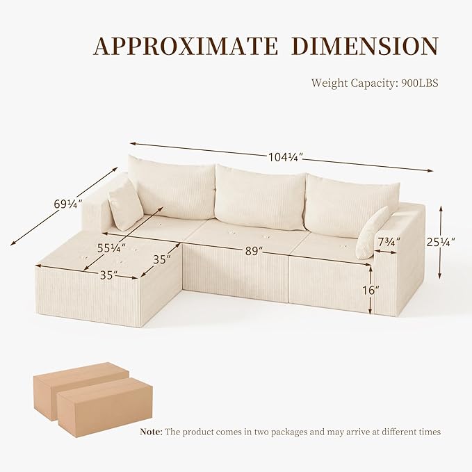 Cloud Boneless Sectional Sofa, Modular Sofa with Deep Seat, Modern Upholstered Couch with Chaise Lounge, Fluffy Comfy L-Shape Sectional Couch for Living Room, Black