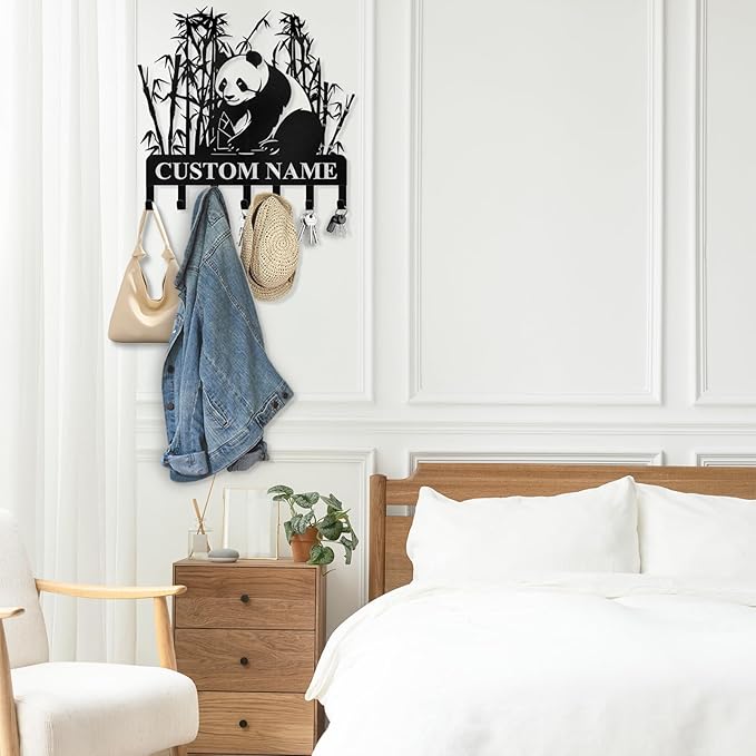 Bamboo Panda Animal Wall Key Holder | Metal Key Organizer with Hooks | Coat Rack & Wall Decor for Front Door & Hallway