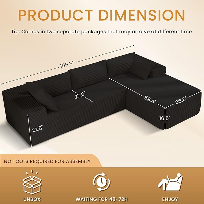 105.5" Modular Sectional Sofa L-Shape, Modular Cloud Sofa with Deep Seat for Living Room Bedroom, Upholstered Couches No Assembly Required (Black Right Facing Chaise)