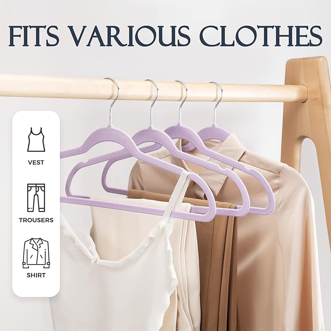HOUSE DAY Lt-Purple Velvet Hangers 60 Pack, Non Slip Clothes Felt Hanger Heavy Duty for Coat, Premium Slim Space Saving Suit Hangers for Closet Organizer, 360° Rotating Silver Hook