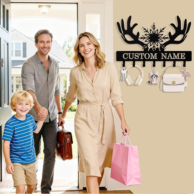 Personalized Deer Antler Key Holder Wall Mount, Custom Metal Keys Hanger for Wall with Name, Custom Key Rack Holder with Hooks for Entryway, Front Door, Hallway, Living Room, Kitchen