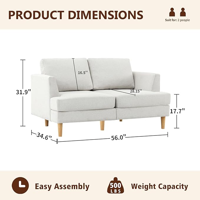 Loveseat Sofa 56" Mid Century Modern Small Couches for Small Spaces Love Seat with 2-Seat Upholstered Cushion Sofa Couches for Bedroom, Living Room, Apartment, Office (Beige)