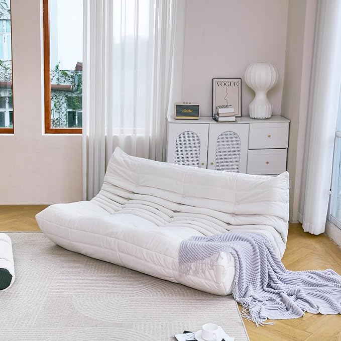 N&V Fireside Chair, Mid Century Armless Floor Sofa, Soft Premium Microfiber Floor Lounge Chair, Foam Sofa Accent Chair for Living Room Bedroom and Office (Ivory, Three Seater)