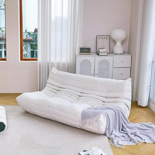 N&V Fireside Chair, Mid Century Armless Floor Sofa, Soft Premium Microfiber Floor Lounge Chair, Foam Sofa Accent Chair for Living Room Bedroom and Office (Ivory, Three Seater)