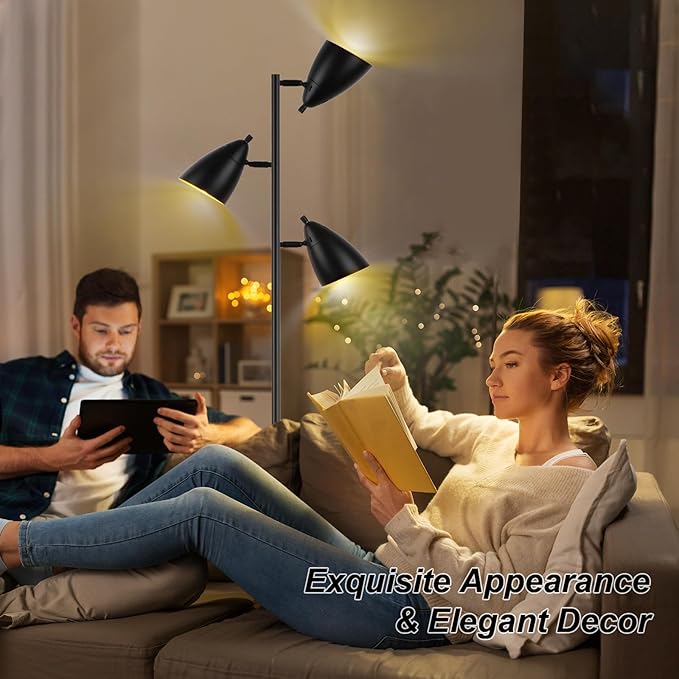 Tree Floor Lamp for Living Room, Industrial 3-Light Standing Lamp with 3 LED Bulbs, Adjustable Rotation Heads, Standing Tall Pole Lamp Farmhouse Rustic Reading Lamps for Bedroom Office (Black)