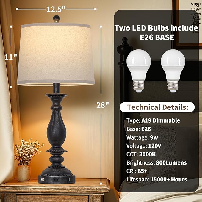 28" Tall Farmhouse Table Lamps for Living Room Set of 2,Vintage Rustic Black Bedside Touch Lamp with USB C+A Ports & AC Outlet, 3-Way Dimmable Resin Nightstand Lamp for Bedroom Entryway Office