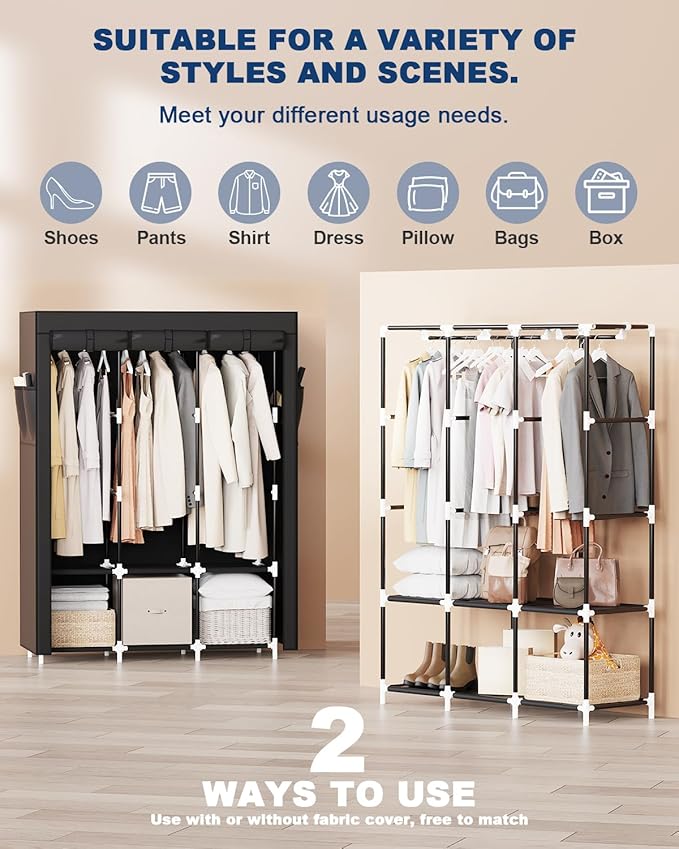 Mavivegue Portable Closet, Wardrobe Closet Organizer with Cover, 3 Hanging Rods and Shelves,Large Capacity for Bedroom, Living Room (Black, 50" W x 17" D x 64" H)