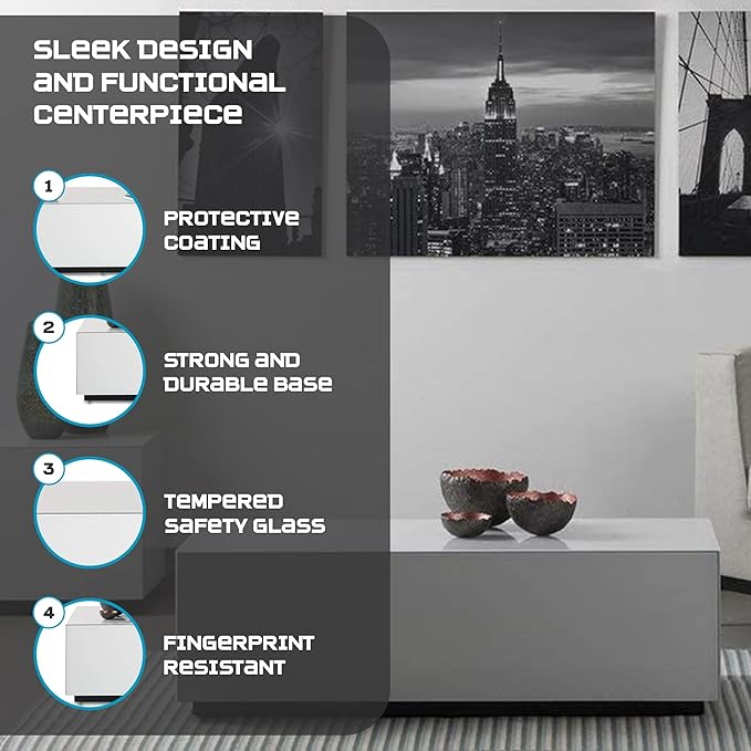 SONOROUS Premium Tempered Glass Coffee Table - Modern White Rectangular Coffee Tables for Living Room - High Gloss Fingerprint Resistant Mid Century Design - Stylish Living Room Furniture & Décor