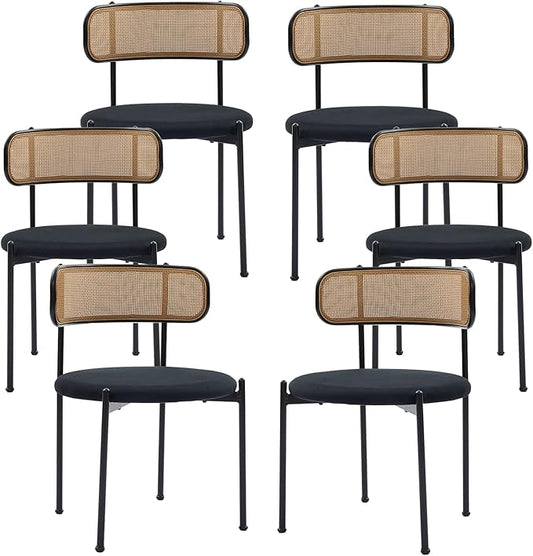 Rattan Dining Chairs Set of 6, Mid Century Modern Dining Chairs with Cane Back and Boucle Upholstered Seat, Farmhouse Kitchen Chairs for Dining Room and Living Room, Black