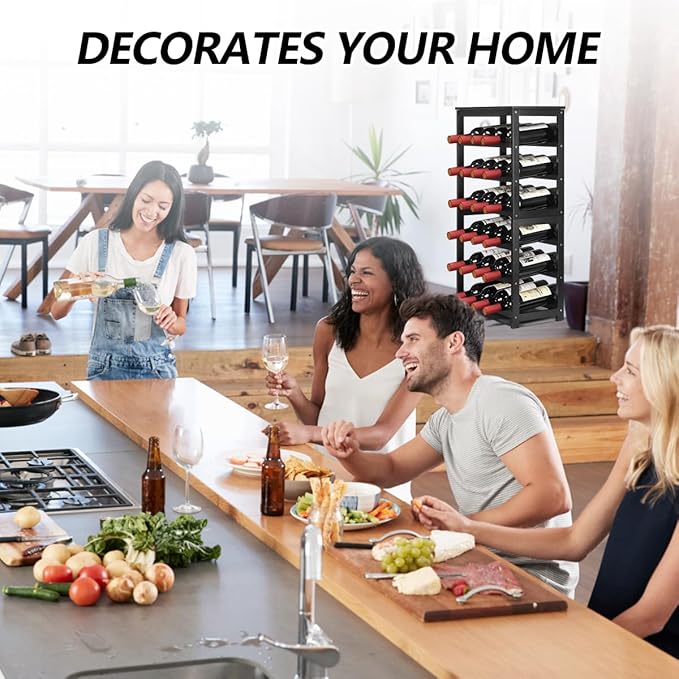 Wine Rack 24-Botttle Freestanding Floor, 6-Tier Wine Rack Shelf with Table Top, Bamboo Display Wine Storage Shelves Kitchen Bar Dining Room Living Room, Black