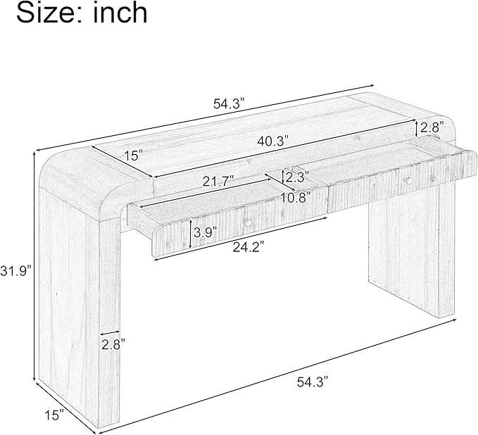 54.3" Curved Console Table with Fluted Drawer, Rustic Entryway Table and Thick Legs, Sturdy Sofa Table for Hallway & Living Room Wood (Brown)