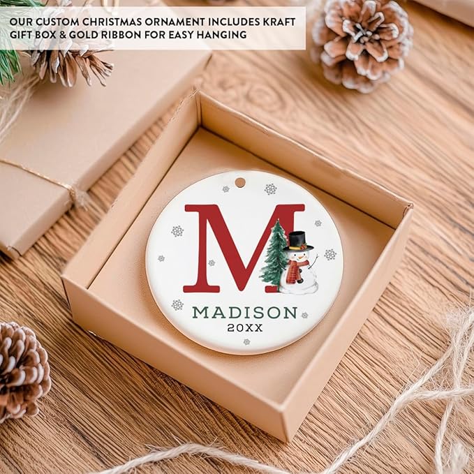 Andaz Press Personalized Ornament, Custom Name, Initial M Monogram Snowman 2.8" Ceramic Porcelain 2025 Christmas Ornament Keepsake for Kids, Boys, Girls, Initial Ornaments Monogram Ornaments 1-Pack