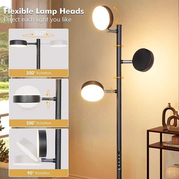 Tree Floor Lamp for Living Room - Modern Black Standing Lamp, LED Floor Light with Remote & Touch, 3000K-6000K Dimmable for Bedroom Office Reading (3 Head)
