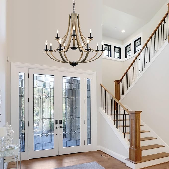 Farmhouse Chandeliers for Dining Room Light Fixture, 2 Tier 12-Light 41" Adjustable Height Retro Faux Wood Texture Rustic Light Fixtures for Living Room Bedroom Kitchen Island Foyer Entryway