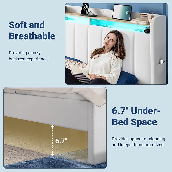 Allewie Velvet Vertical Tufted Queen Upholstered Platform Bed Frame with 2-Tier LED Storage Headboard & 2 Storage Drawers, USB & Type-C Charging Ports, Noise-Free/No Box Spring Needed, White