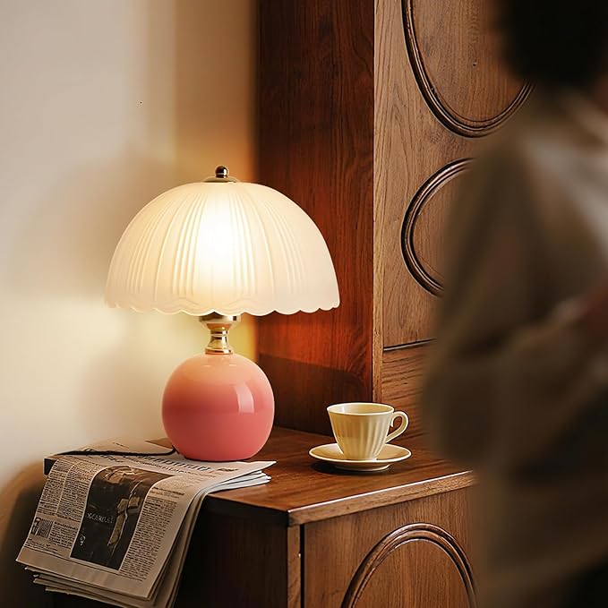 Ceramic Table lamp, Modern Bedside Lamps Pink Mid Century Vintage Desk Lamp Retro Glass Mushroom Traditional Lamp for Nightstand Living Room Bedroom Home Decor (S05PK-1PACK)