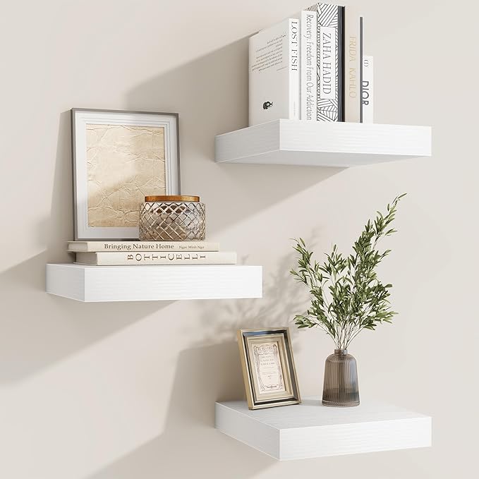 fuqing Floating Shelves for Wall, Wall Mounted Wood Floating Shelf with Invisible Brackets for Living Room, Bathroom, Bedroom, Kitchen Storage and Decor,6.5 Inch Set of 3, White