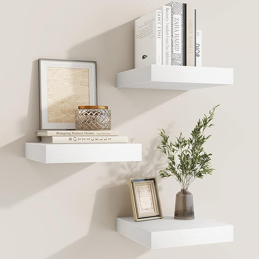 fuqing Floating Shelves for Wall, Wall Mounted Wood Floating Shelf with Invisible Brackets for Living Room, Bathroom, Bedroom, Kitchen Storage and Decor,6.5 Inch Set of 3, White