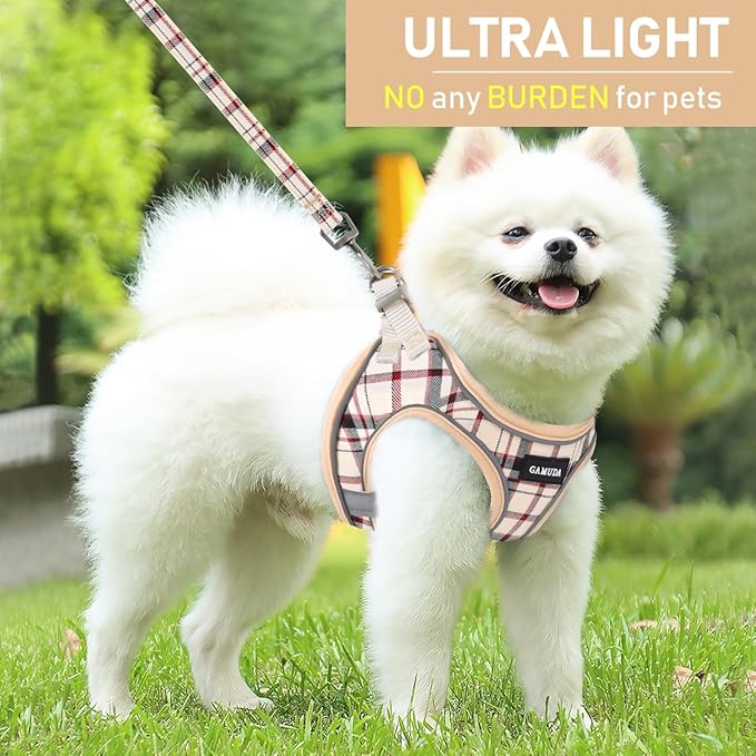 GAMUDA Small Dog Harness Collar and Leash Set, Step in No Chock No Pull Soft Mesh Adjustable Dog Vest Harnesses Plaid Reflective for Dogs Puppy Cats Kitten Rabbit (Beige, XS)