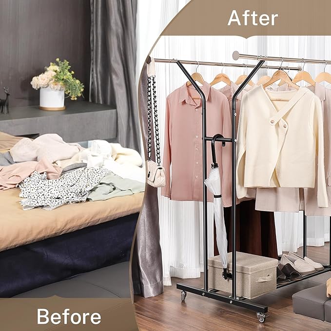 Clothing Rack, Heavy Duty Clothes Racks with Wheels and Bottom Shelf, 52.36’’ Metal Double Clothing Racks with Wheels, Wardrobe Rack for Hanging Clothes, Coats, Shirts, Skirts, Dresses, Black