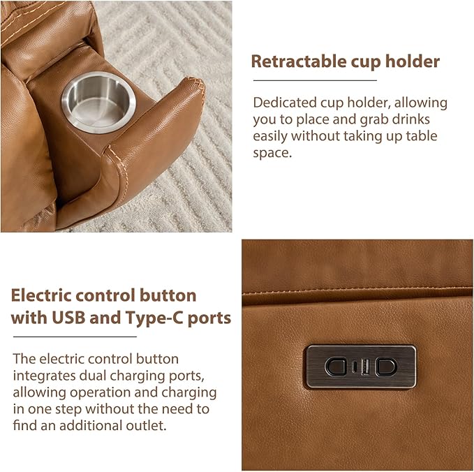 CANMOV Genuine Leather Recliner Chair, Power Single Reclining Sofa with Comfortable Arms and Back, Modern Electric Recliner Couch Set with Hidden Cup Holders,USB, Type C Port for Living Room,Brown