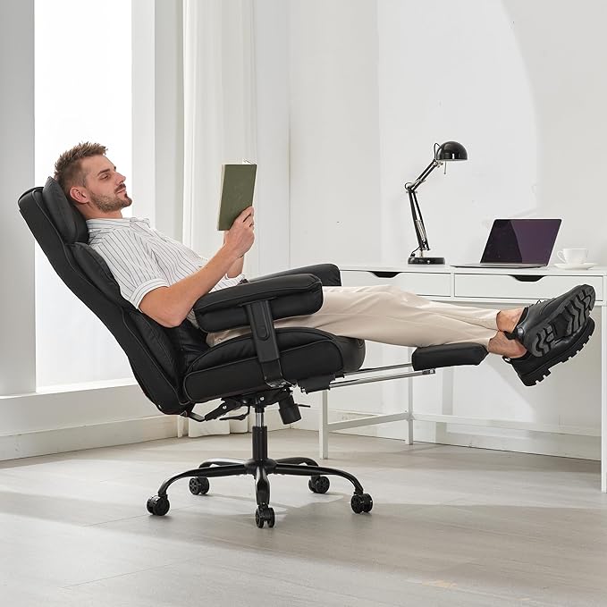 Big and Tall Office Chair 400lbs Wide Seat,High Back Gaming Chair with Foot Rest, Ergonomic Reclining Executive Office Chairs Lumbar Support,Leather Computer Chair Adjustable Arm(Black)