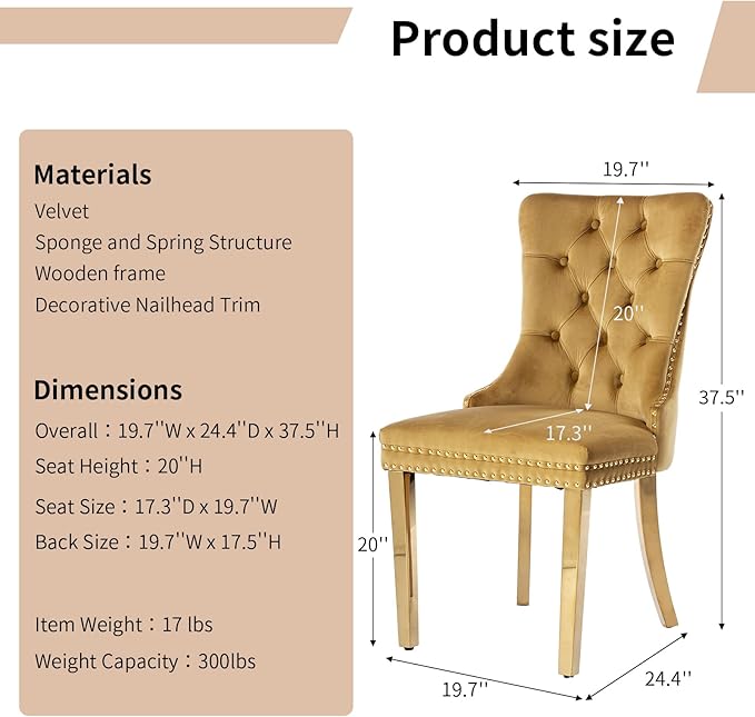 Luxury Upholstered Dining Chairs Set of 2, Yellow Kitchen Chair with Golden Metal Legs, Velvet Tufted Back Dining Chair, Sillas de Comedor, Modern Kitchen & Dining Room Chairs (Gold, 2 Pcs)