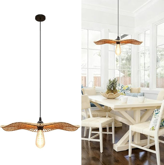 10.2''Small Natural rattan chandelier Pendant Lights -Farmhouse Boho rattan hanging lamp with Included E27 Bulb, 120V wicker pendant lamps for Dining Room Kitchen Island Bedroom living room