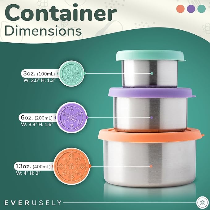 Everusely - Stainless Steel Food Containers - 3 Pack, Bright - Metal Lunch Box - Nesting Snack Containers for Office, Home Food Storage - Leakproof Silicone Lids - Dishwasher and Freezer Safe