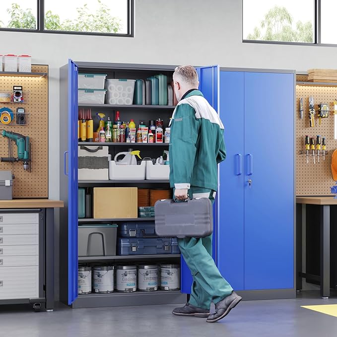 Letaya Metal Garage Storage Cabinets with Lock Door and Adjustable Shelves, Steel Tool Cabinets for Home,Office,Warehouse Organisieren (Blue Gray)