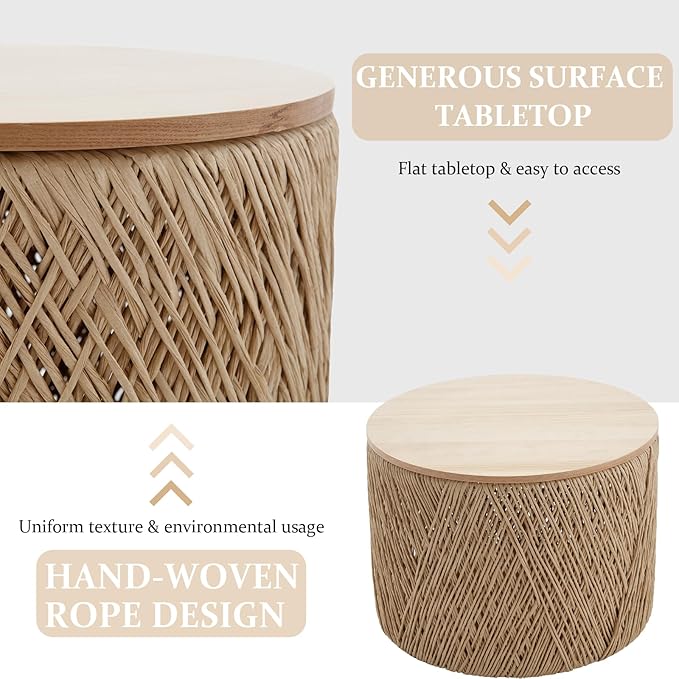 Kmax 24" Round Wood Nesting Coffee Table Set of 2 Handcraft Woven & Rope Rattan Sofa Tables Both with Storage Drum End Side Table for Small Space Living Room No Assembly Needed, Natural Color