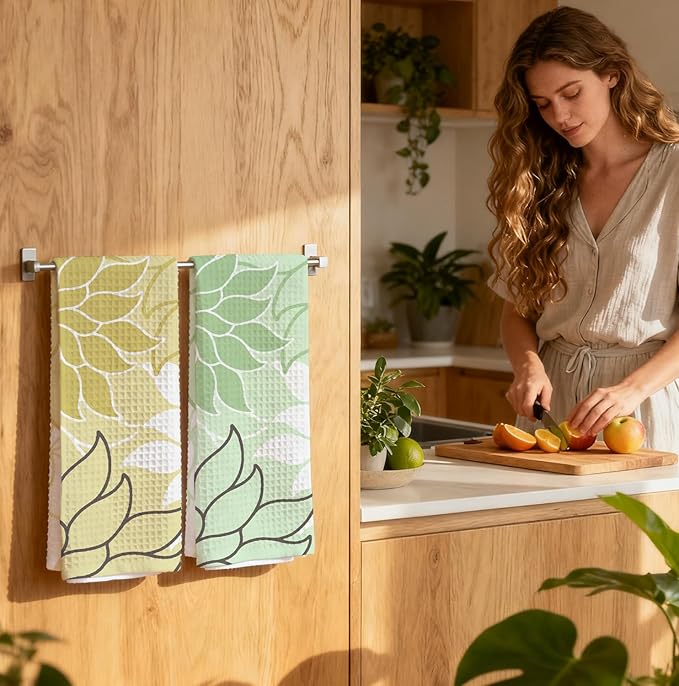 2-Pack Boho Floral Abstract Waffle Towels, Flower Hand Towel for Bathroom Decor, 16x24 Inch Neutral Yellow & Green Flower Dish Tea Towel Decor for Kitchen/Bath/SPA,Gift for Friends.