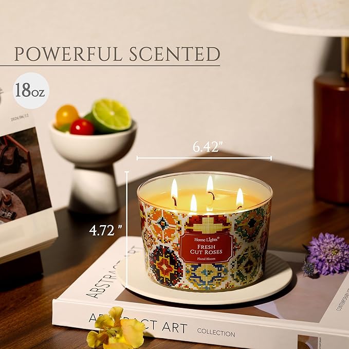 HomeLights 4-Wick Candles for Home Scented - 18oz Soy Wax Blend Candle Long-Lasting Fragrance, Bohemian Natural Textures Home Decor and Housewarming Gifts, Fresh Cut Roses