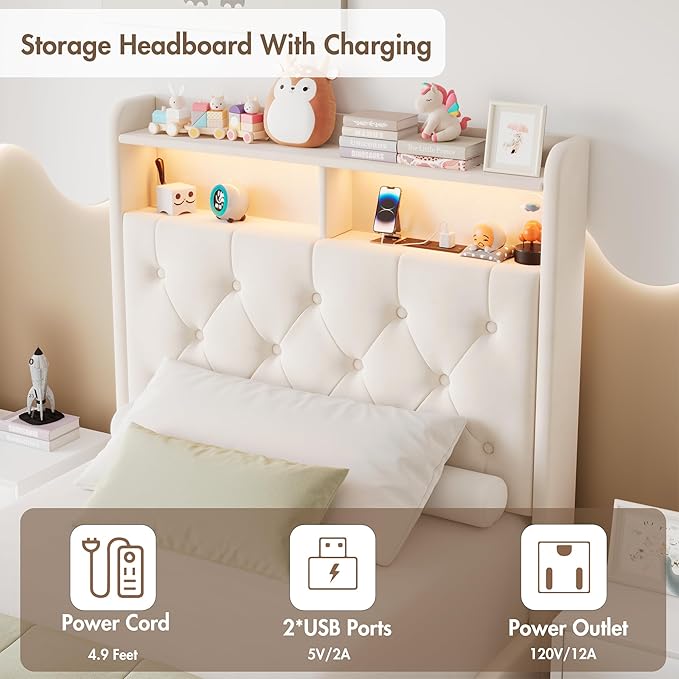 Twin LED Bed Frame with Storage Headboard & Charging Station, Velvet Fabric Platform Bed Frames with 3 Drawers, Button Tufted Upholstered, No Box Spring Needed, Beige