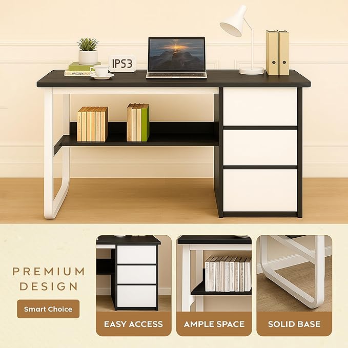 Premium Modern Wooden Computer Desk White Wooden Drawers & Bookshelf - Black Wood Top Writing Table with Strong Iron Frame for Home Office & Study 47.24W x 19.68L x 29.13H Inches