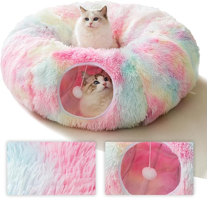 HIPIPET Winter Plush Cat Tunnel with Bed, Multifunctional Cat Toys for Small to Large Cats (Rainbow)