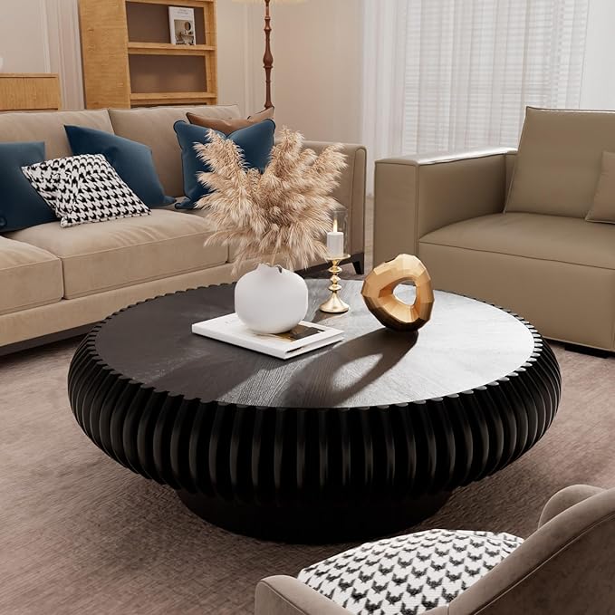 Round Fluted Coffee Table Modern Handcraft Drum Coffee Table with Sturdy Pedestal 39.37" Farmhouse Center Table Tea Table for Living Room, Reception Room, Entertainment Room (Black 39.37")