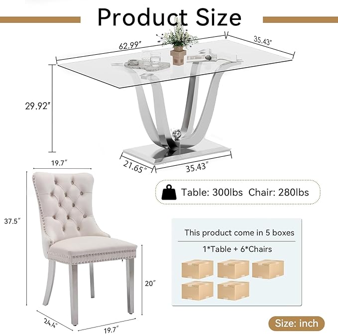 70" Modern Silver Glass Dining Table Set for 6, 7-Piece Rectangle Kitchen Dining Room Table Set with Steel Base & 6 Beige Velvet Upholstered Chairs, Modern Glass Kitchen Table and Chairs Set of 6