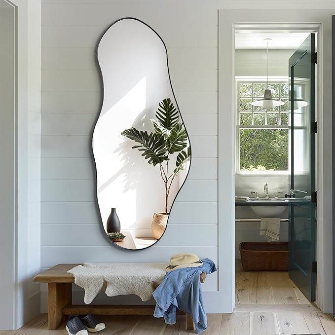 Irregular Mirror, 47"x20.5" Asymmetrical Mirrors, Abstract Wall Mirror with Metal Frame, Modern Unique Shaped Mirrors for Living Room Bathroom Bedroom Hallway Entryway Fireplace