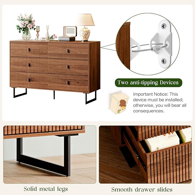 Modern Chest of Drawers with 6 Drawers,Deep Drawers,Clothes Organizer,Large Storage Cabinet for Living Room, Bedroom,Hallway,with Anti-Tipping Device,Brown