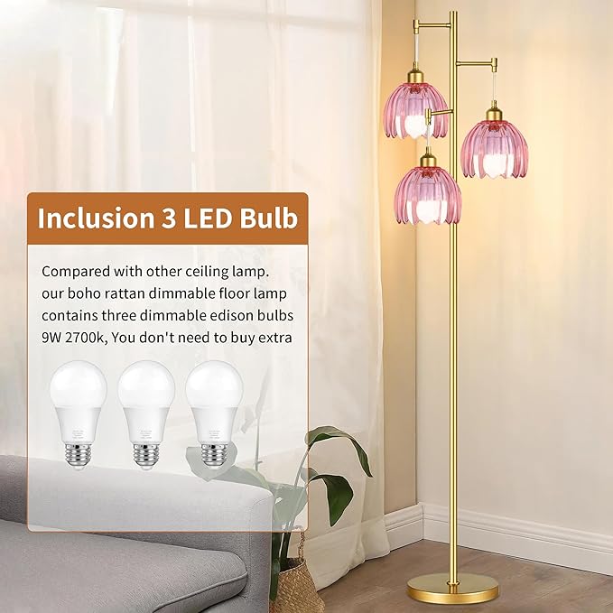 Gold Floor Lamps for Living Room Bedroom-3 Light Vintage Floor Lamp with Glass Lampshape & Three Bulbs,Mid Century Modern Standing Lamp Tall Tree Flower Floor Lamps for Bedroom Living Room,Corner