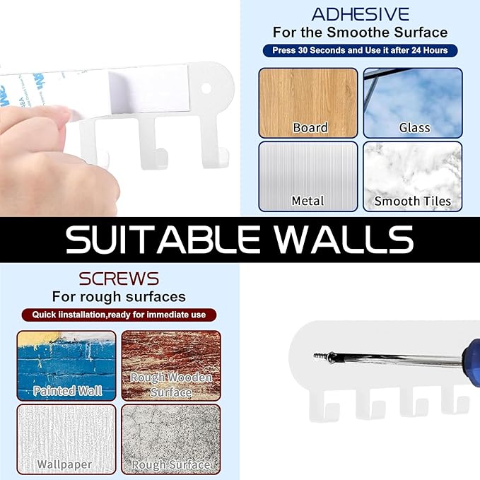 2 Pack Key Holder for Wall,Key Hooks with 10 Hooks,Key Holder Wall Mount Self Adhesive, Key Rack for Wall No Drill for Living Room, Kitchen, Bathroom, Garage (White)