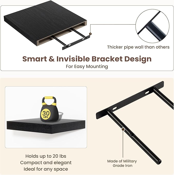 Fun Memories Floating Shelves for Wall - 12 Inch Square Shelves with Invisible Brackets, Black Small Wall Shelf for Living Room, Bathroom, Bedroom, and Kitchen Decor，Set of 4