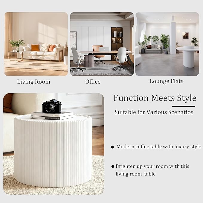 Round Coffee Table Set with Sintered Stone Tabletop, 29.52" White Drum Center Table and 17.71" White Coffee Table Set, 2 Pieces Living Room Table Set with Fluted PU Leather Cover& Stable Base