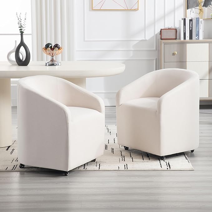 Modern White Upholstered Dining Chairs with Swivel Casters, Linen Barrel Back Accent Side Chair for Dining Room Living Room, Beige