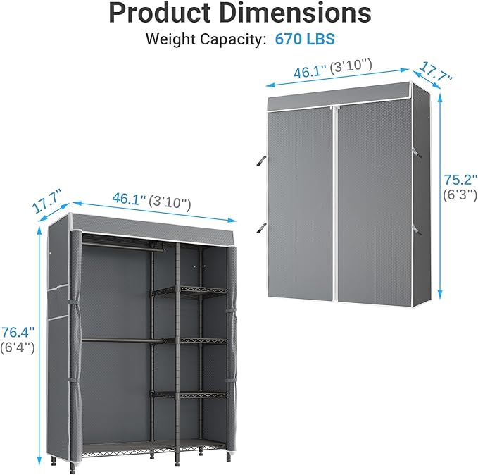 VIPEK V7C Garment Racks with Cover Portable Closets for Hanging Clothes, Heavy Duty Clothes Rack with Shelves Metal Closet Wardrobe, Max 670lbs, Black Rack with Grey Upgraded Polyester Cover