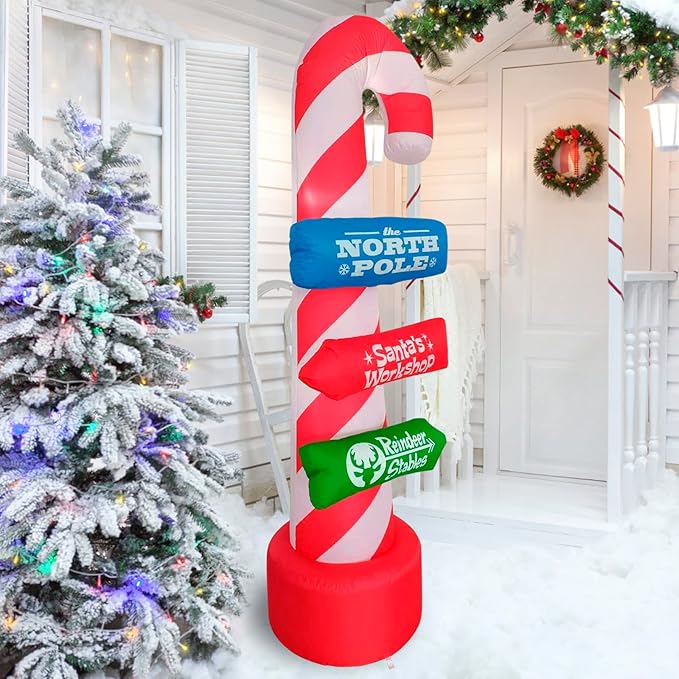8ft Outdoor Candy Cane Stacking Sign Inflatables with LED Lights - Blow Up Yard, Garden, Lawn Decorations for Christmas Parties